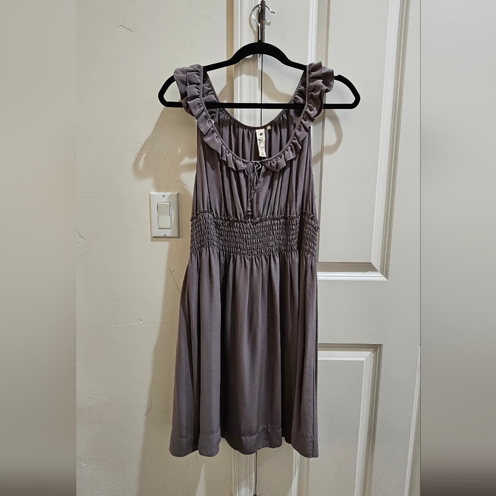 Lavender-Gray Dress with Ruffle Neckline